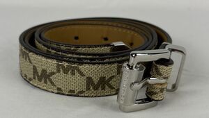 Michael Kors Womens Monogram Belt Beige Tan MK Logo Silver Buckle NWOT Large L